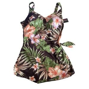 Vintage Roxanne  Brown Tropical Swimsuit One Piece V Neck Sarong Size 12/ 36D